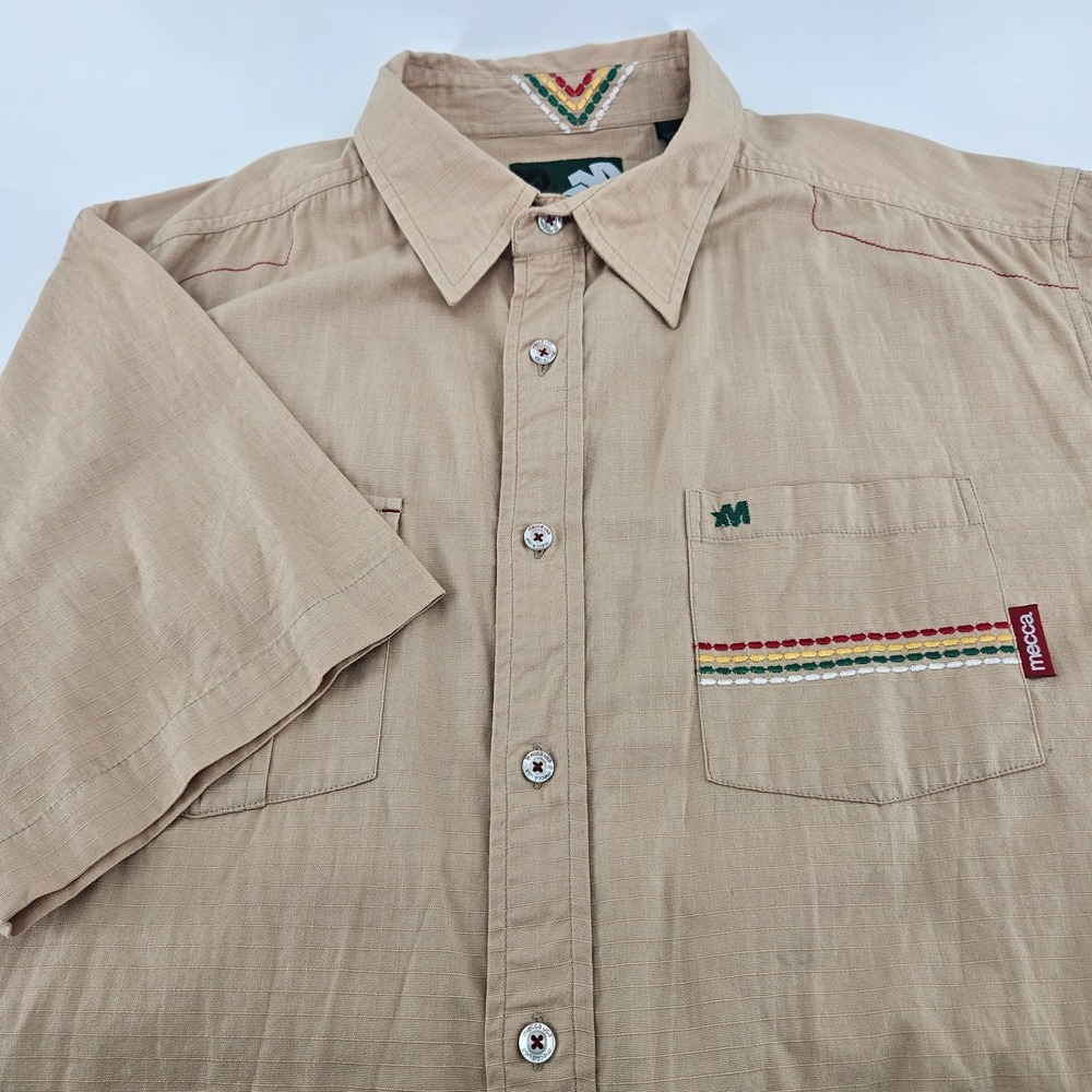 VTG Mecca USA Shirt Mens XL Beige Cotton Short Sleeve Embroidered Hip Hop Y2K